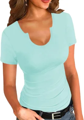 Afibi Womens Tops V Neck Summer Short Sleeve Casual Slim Fitted Tshirt Ribbed Basic Tee Tops