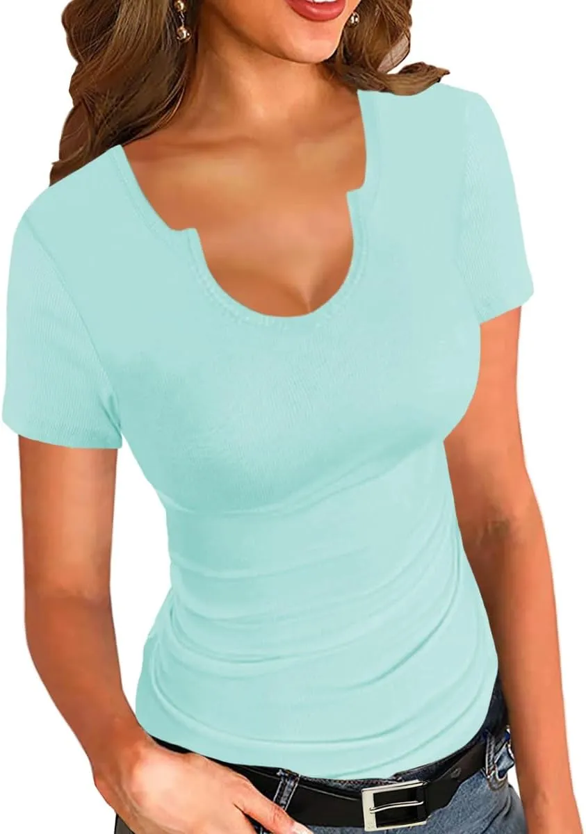 Afibi Womens Tops V Neck Summer Short Sleeve Casual Slim Fitted Tshirt Ribbed Basic Tee Tops