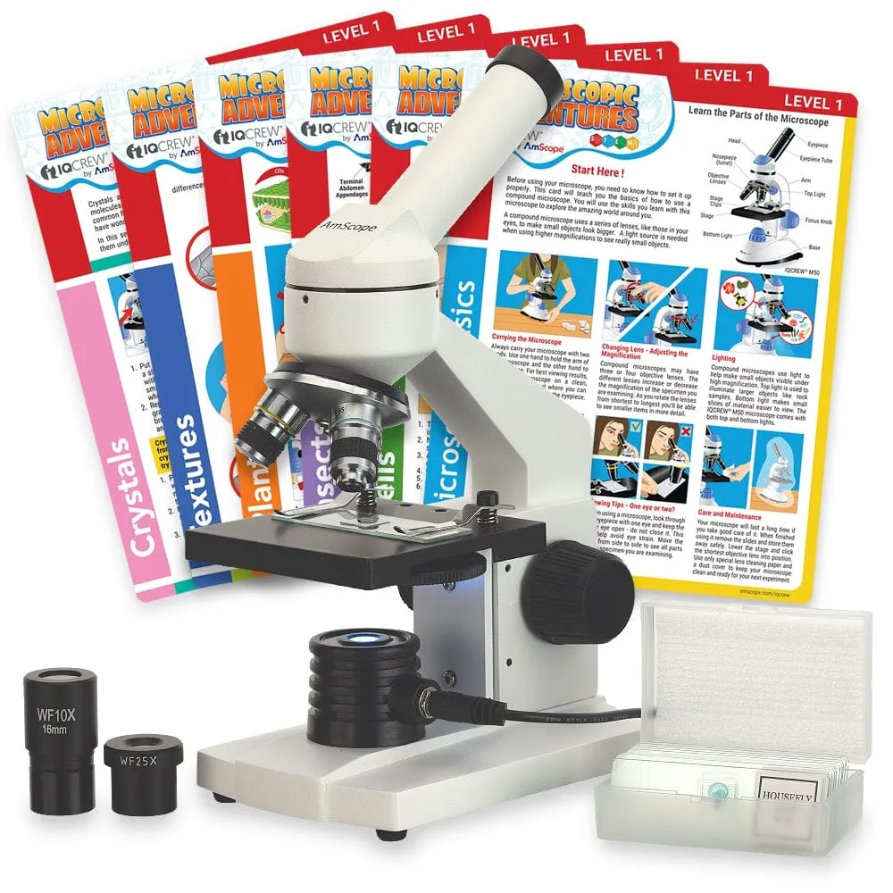 AmScope M102 Series Metal Frame Monocular Compound Microscope 40X-1000X Magnification with LED, Blank Slides and Experiment Cards