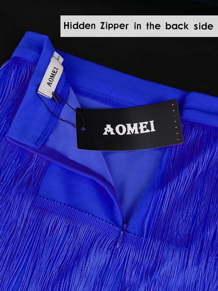 AOMEI Women's High Waist Fringe Tiered Bodycon Pencil Midi Skirt