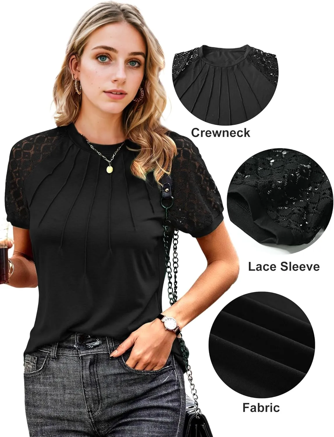 AURUZA Work Shirts for Women Business Casual Blouses Pleated Lace Short Sleeve Tops Dressy Casual Outfits Summer Tshirts