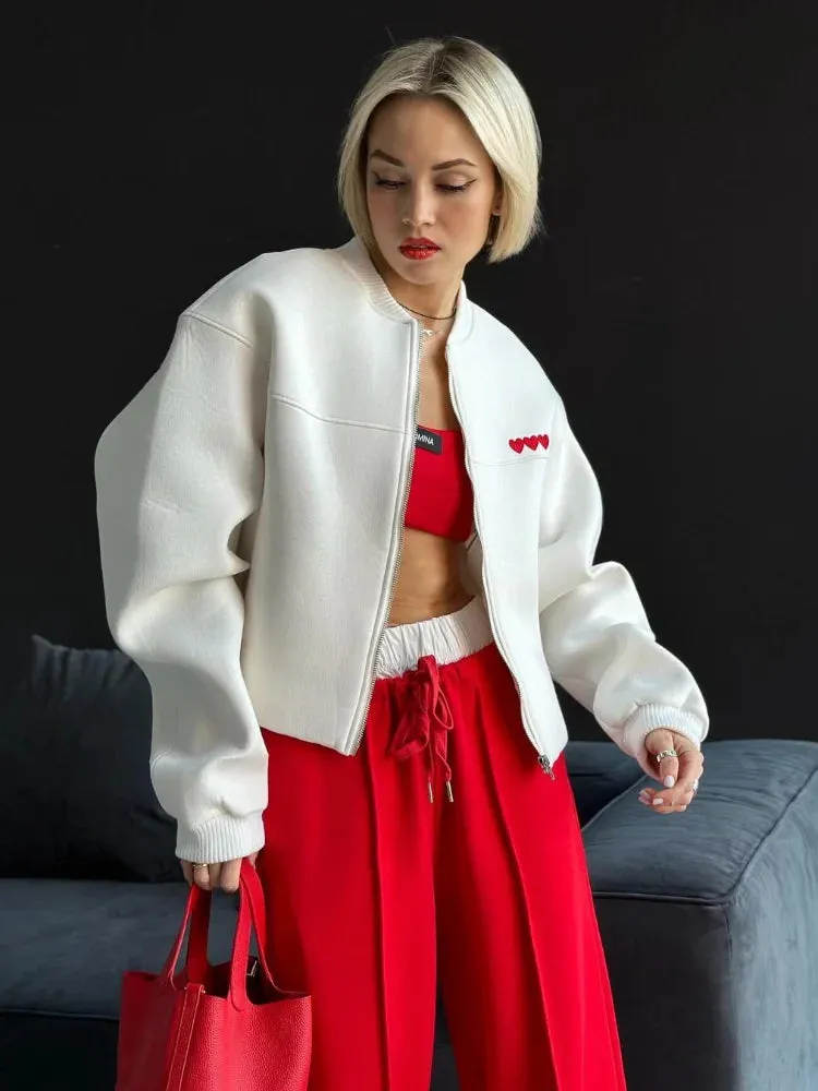 Back To School Joskaa Love Print Solid Color Bomber Jacket For Women O-neck Zipper Long Sleeved Loose Coats Casual High Street Ladies Daily Outerwear