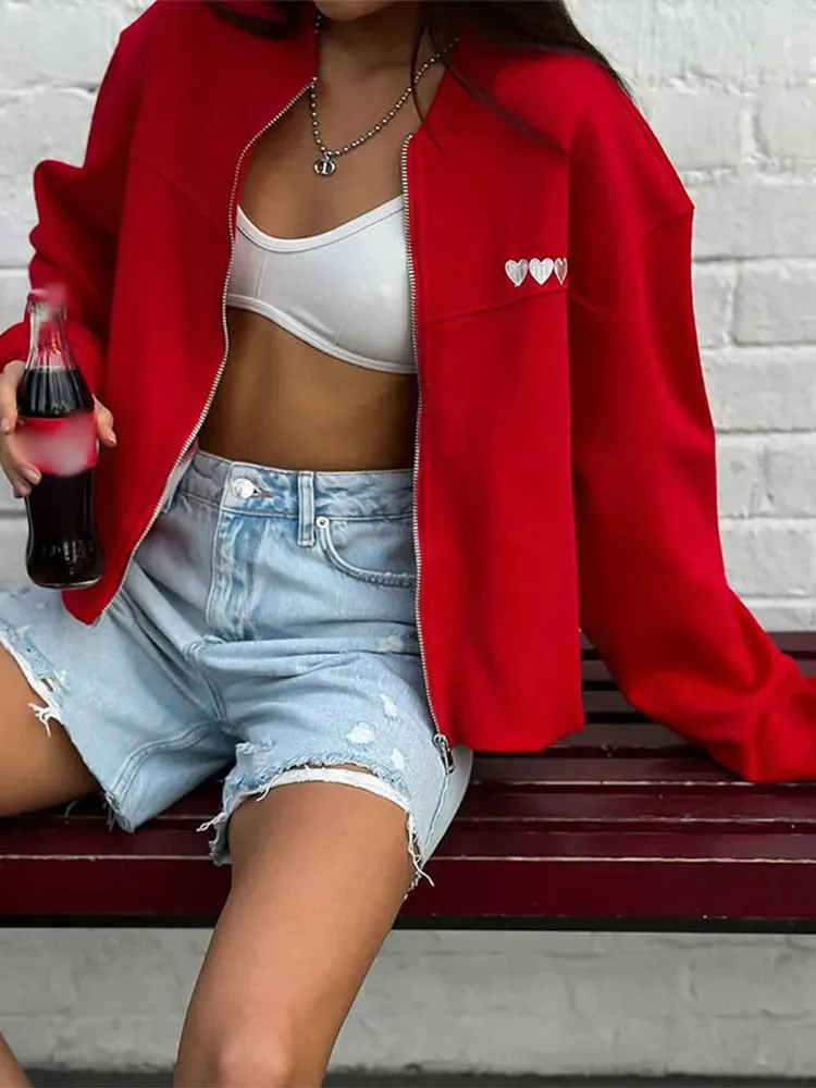 Back To School Joskaa Love Print Solid Color Bomber Jacket For Women O-neck Zipper Long Sleeved Loose Coats Casual High Street Ladies Daily Outerwear