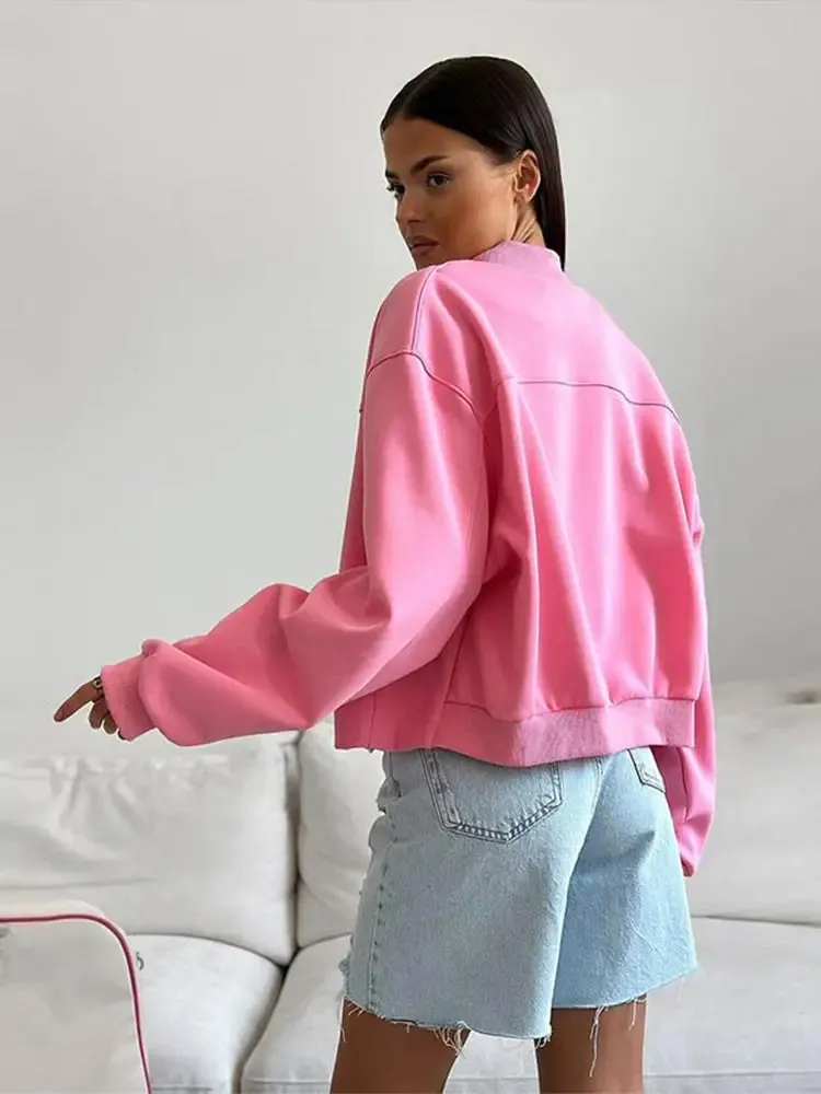 Back To School Joskaa Love Print Solid Color Bomber Jacket For Women O-neck Zipper Long Sleeved Loose Coats Casual High Street Ladies Daily Outerwear