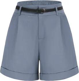 Belle Poque Women Bermuda Shorts Elastic Waist Wide Leg Shorts with Pockets & Belts
