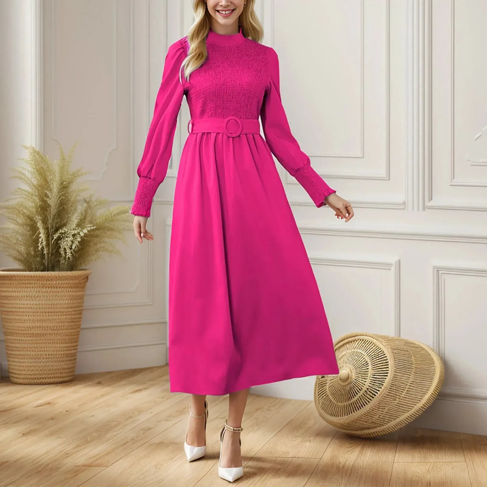 Belt High Waist Elegant Party Solid Half High Collar Office Lady Midi Casual Vintage Dress