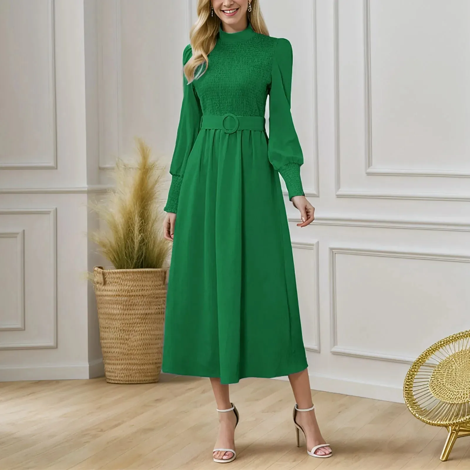 Belt High Waist Elegant Party Solid Half High Collar Office Lady Midi Casual Vintage Dress