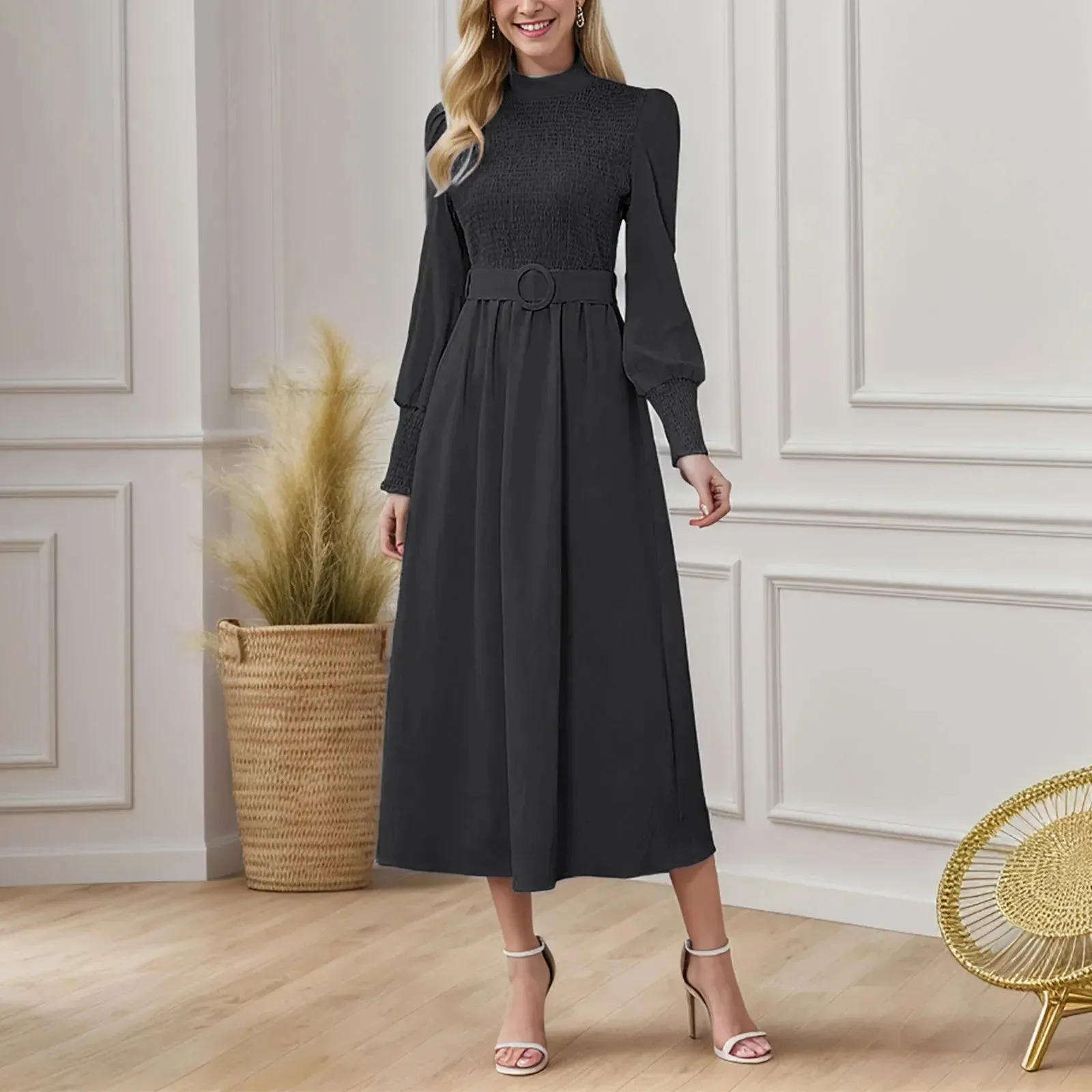 Belt High Waist Elegant Party Solid Half High Collar Office Lady Midi Casual Vintage Dress