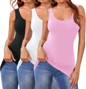 Cotton Long Tank Tops for Women Stretchy Sleeveless Layering Camisole Undershirts Running Yoga 3 Packs