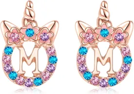 Cute Rose Gold Silver Initial Unicorn Hypoallergenic Stud Earrings Rhinestone Initial Letter Stud Earrings for Girls Unicorns Jewelry Gifts for Kids Toddler