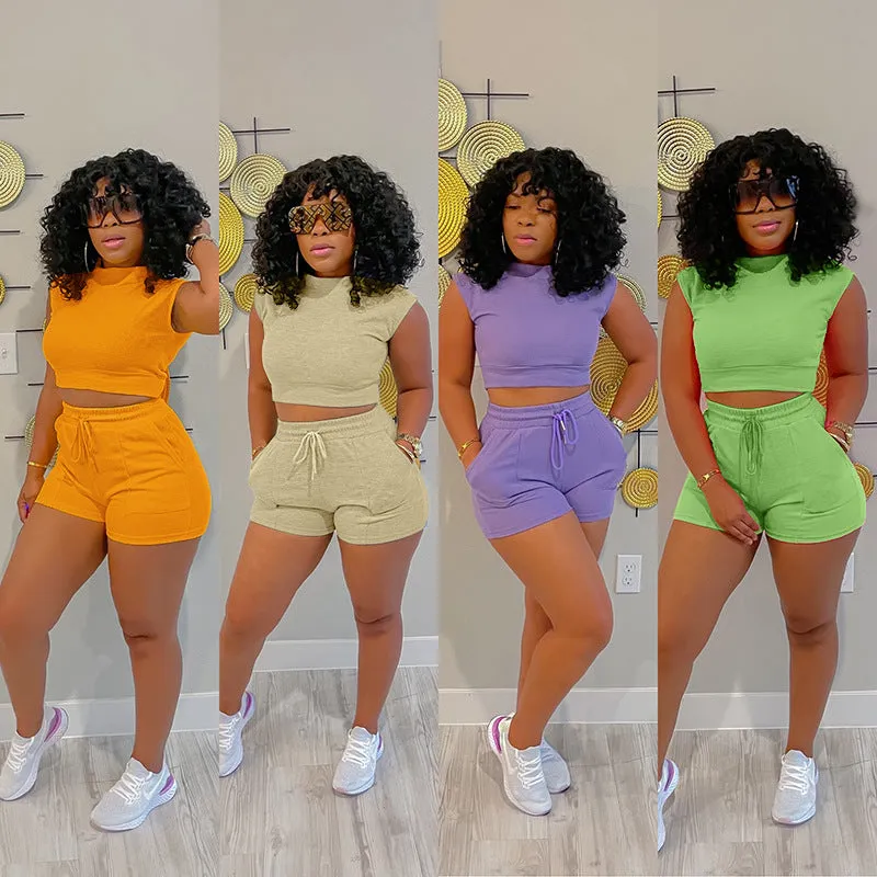 Drawstring shorts casual vest two piece set（ AY1969）