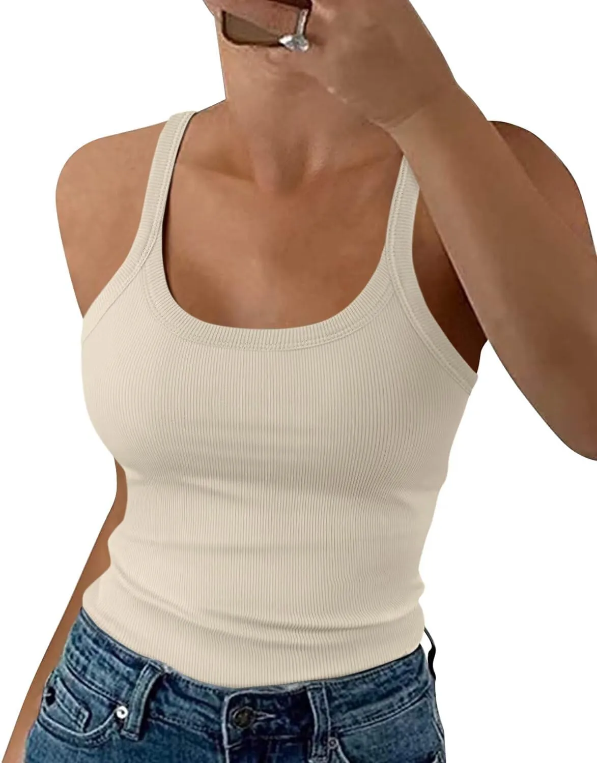 EADINVE Women's Scoop Neck Spaghetti Strap Tank Top Ribbed Sleeveless Slim Fit Camisole Summer Casual Outfits 2025
