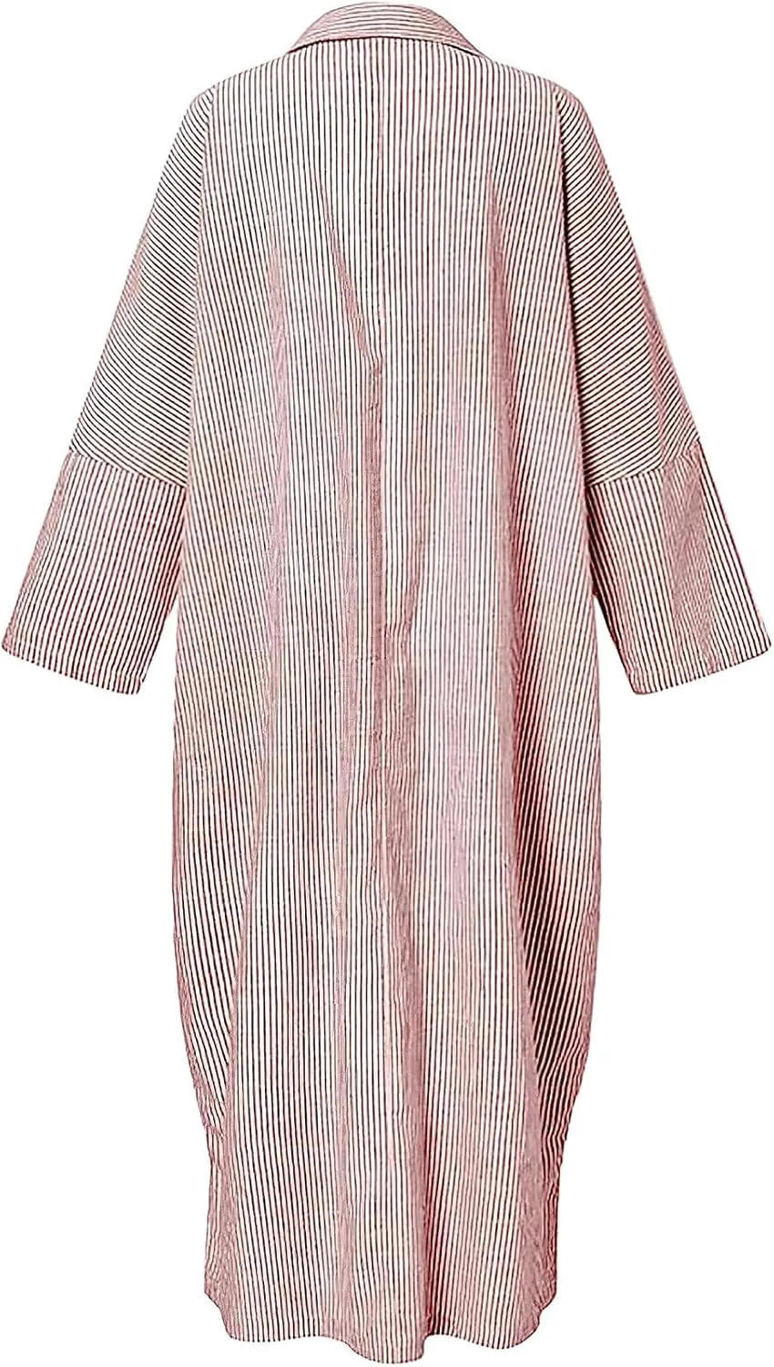 ebossy Women's Casual Stripes Buttoned Long Sleeve Oversized Loose Fit Maxi Shirt Dress Plus Size