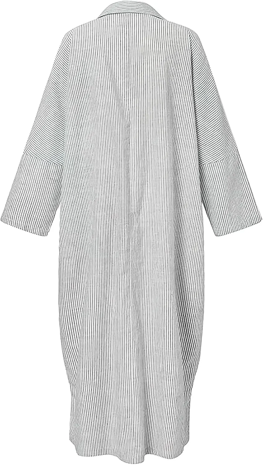 ebossy Women's Casual Stripes Buttoned Long Sleeve Oversized Loose Fit Maxi Shirt Dress Plus Size