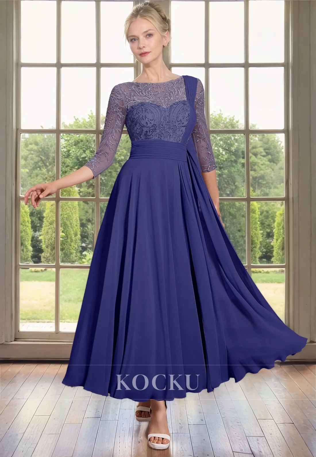 Elegant & Luxurious Appliques A-Line Long sleeves Chiffon Cocktail Mother of the Bride Dress