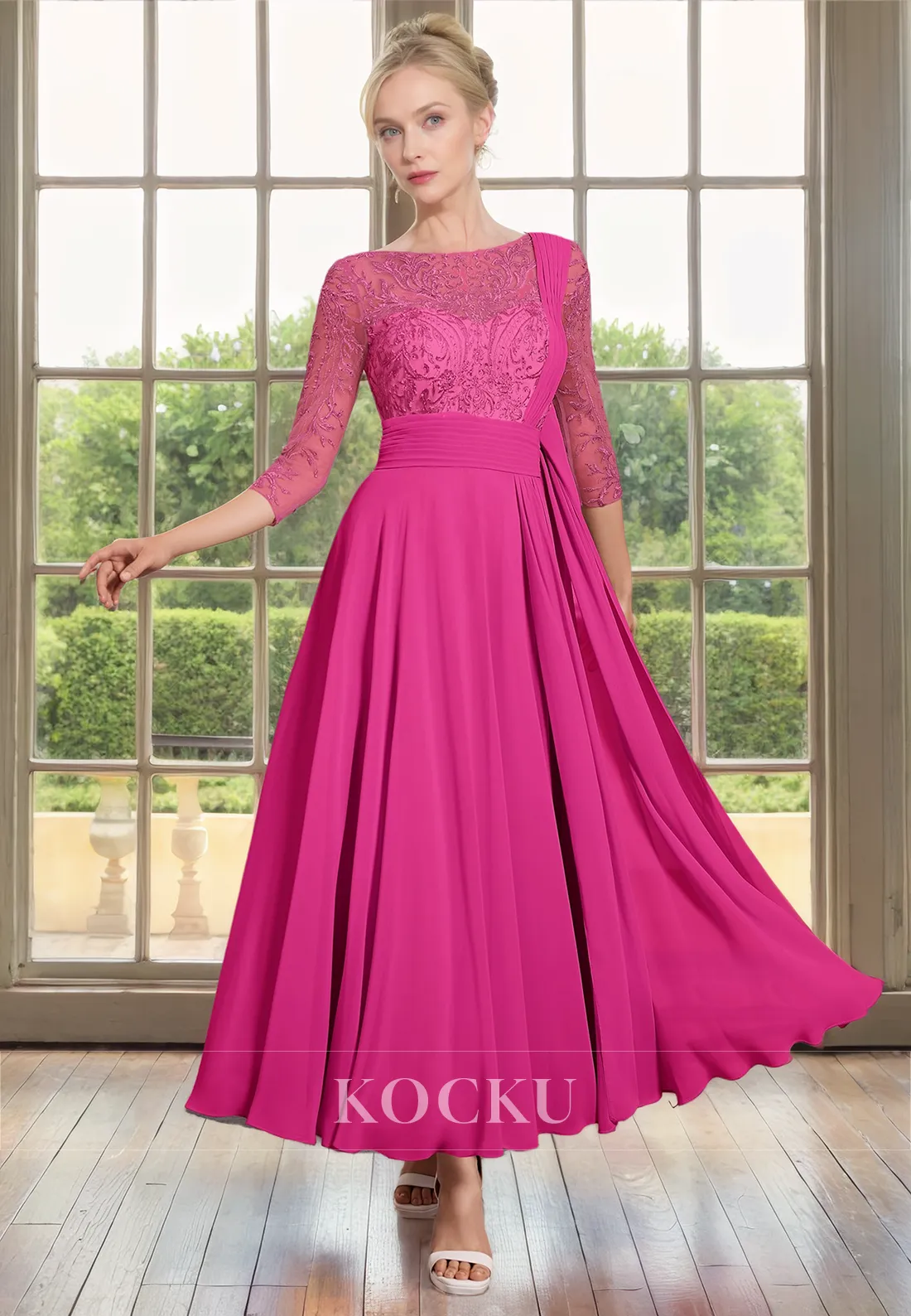 Elegant & Luxurious Appliques A-Line Long sleeves Chiffon Cocktail Mother of the Bride Dress
