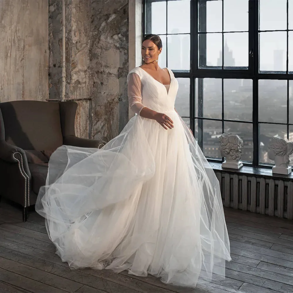 Elegant Simple Wedding Dresses Plus Size Women V Neck Long Sleeves Pleats Beach Bridal Gowns Appliqued Tulle Vestidos De Novia