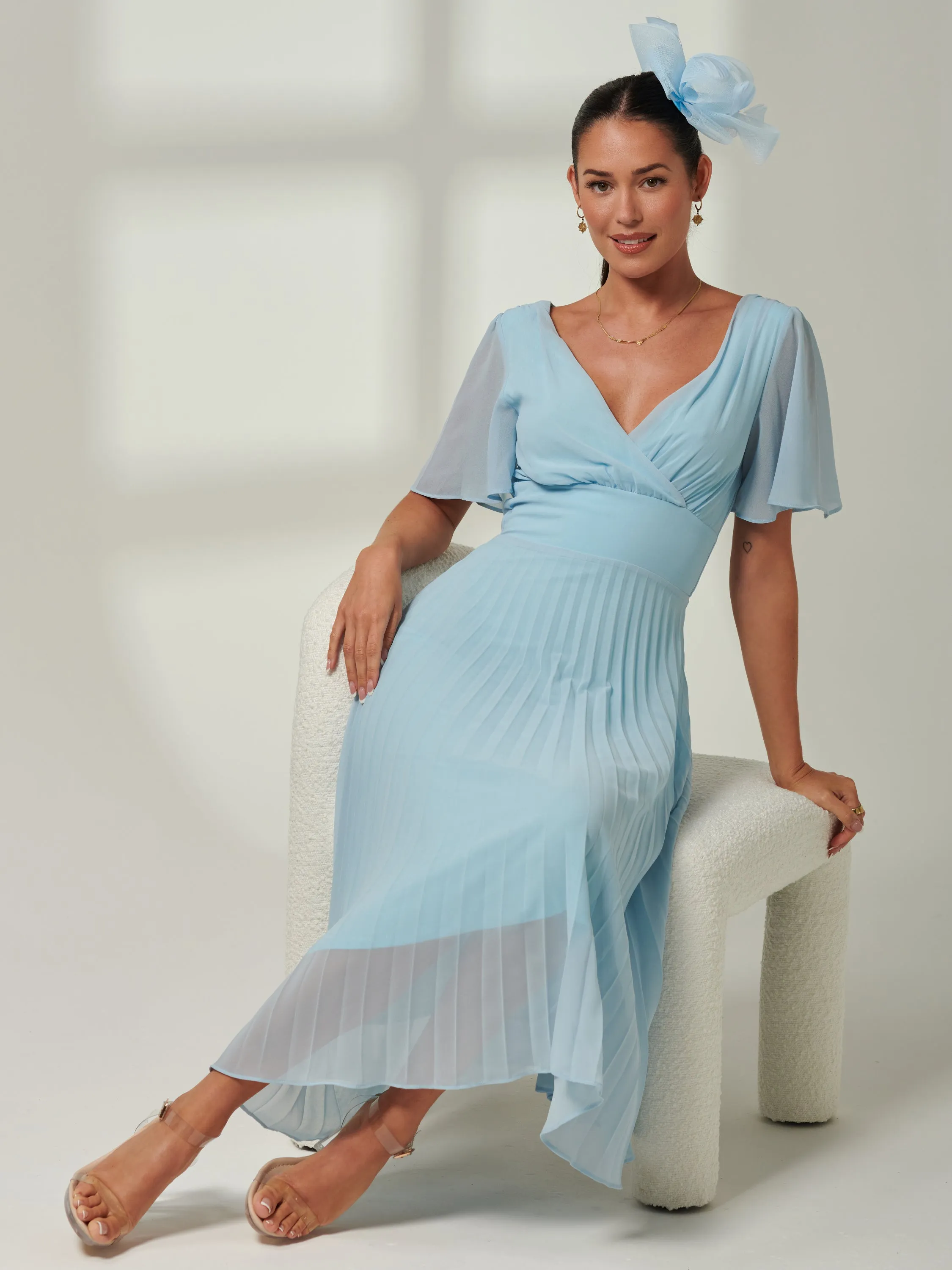 Elene Pleated High Low Chiffon Maxi Dress, Ice blue