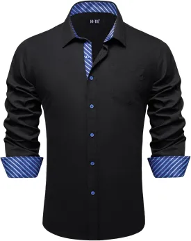 Hi-Tie Mens Dress Shirts Wrinkle Free Inner Contrast Jacquard Long Sleeve Casual Button Down Shirt Business Party Wedding