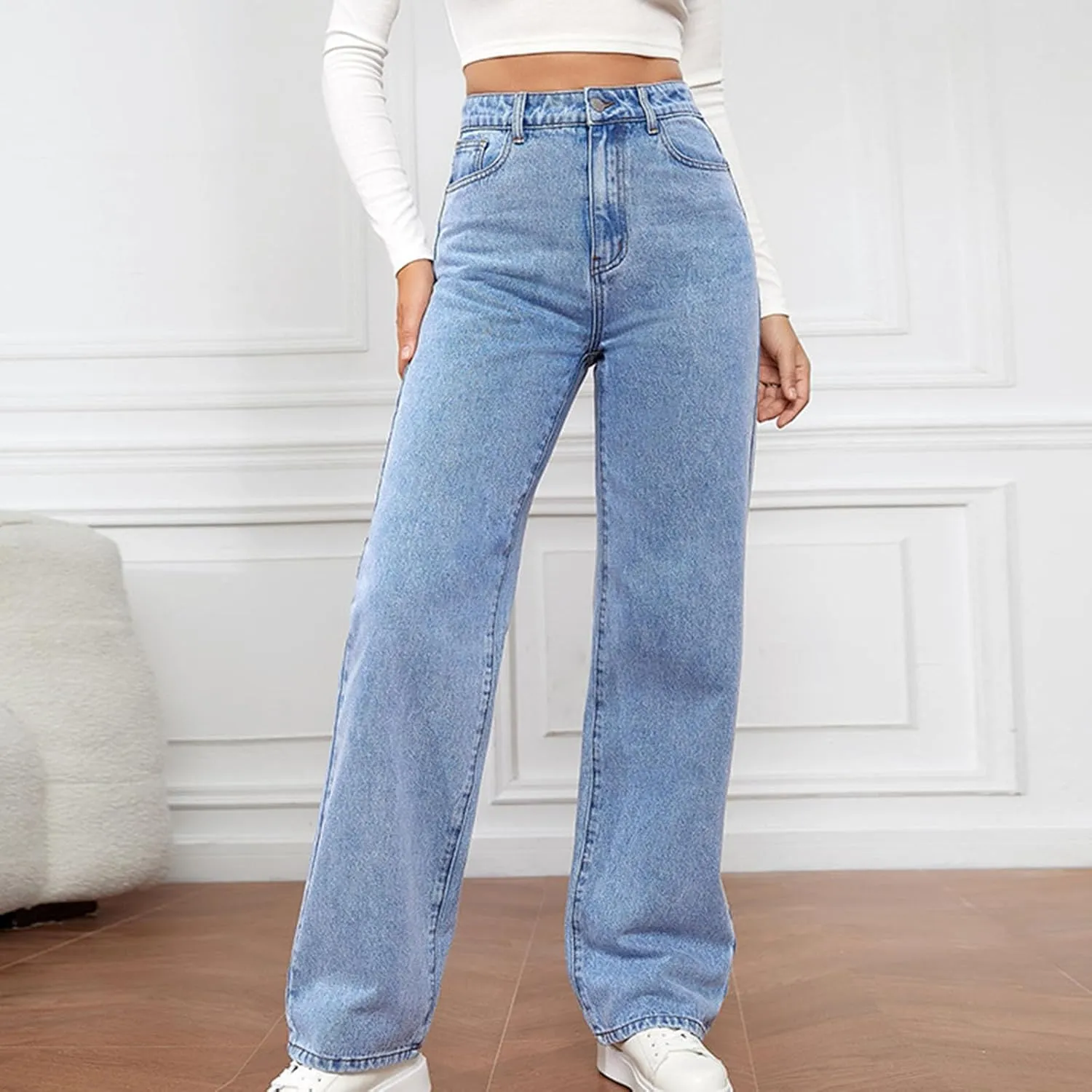 High Waisted Jeans for Women Stretchy Straight Wide Leg Denim Pants Stylish Casual Vintage Jean Trousers