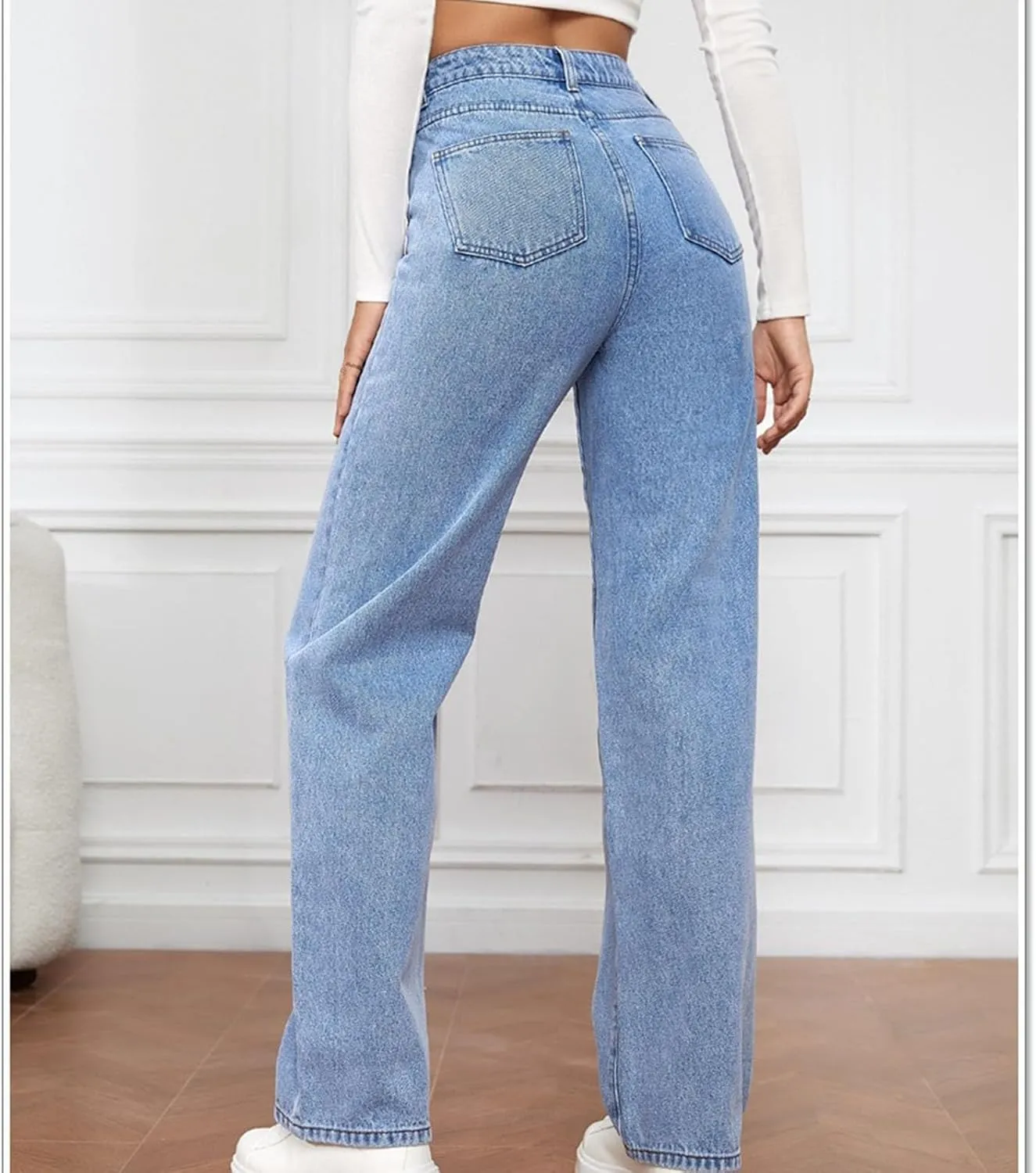 High Waisted Jeans for Women Stretchy Straight Wide Leg Denim Pants Stylish Casual Vintage Jean Trousers