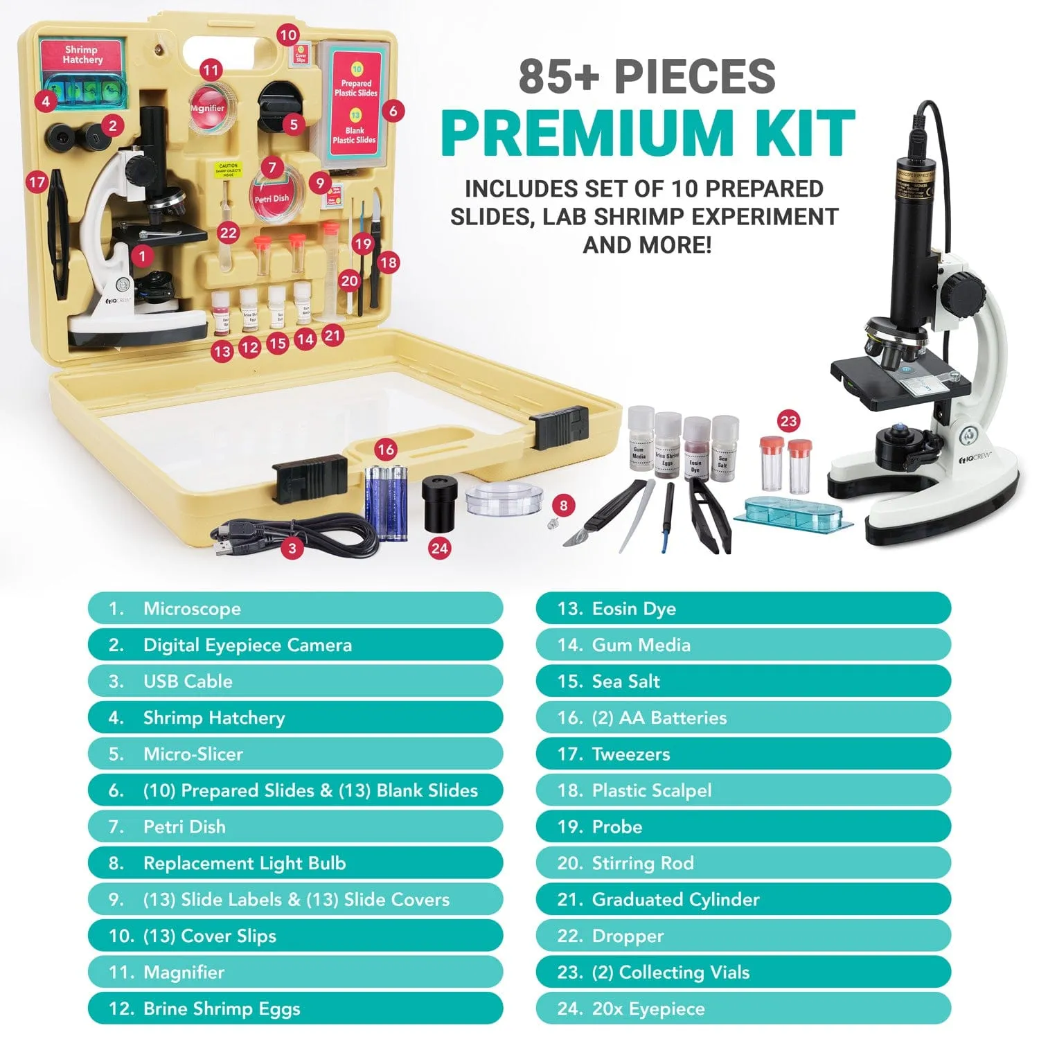 IQCrew by AmScope Premium 85  pc 120X-1200X Magnification Compound Microscope and Camera Kit w/Kid's Friendly Interactive Software and Deluxe Insect Exploration Kit