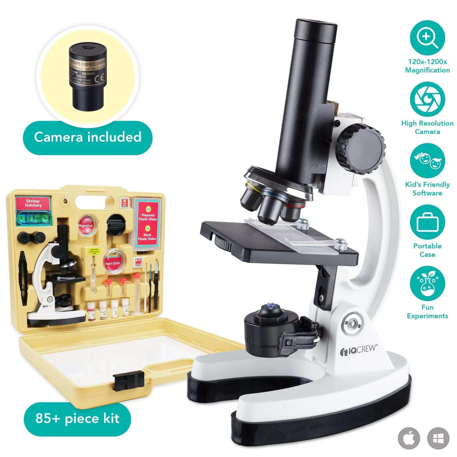 IQCrew by AmScope Premium 85  pc 120X-1200X Magnification Compound Microscope and Camera Kit w/Kid's Friendly Interactive Software and Deluxe Insect Exploration Kit
