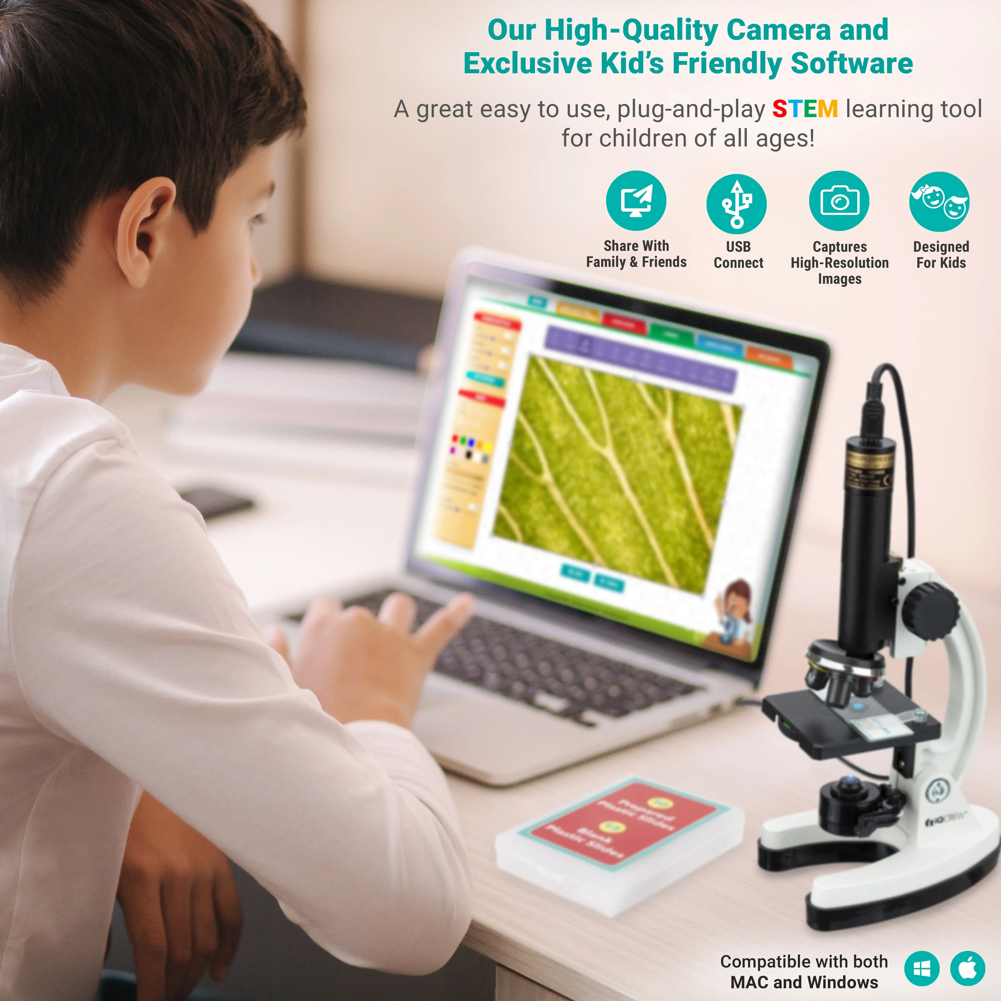 IQCrew by AmScope Premium 85  pc 120X-1200X Magnification Compound Microscope and Camera Kit w/Kid's Friendly Interactive Software and Deluxe Insect Exploration Kit