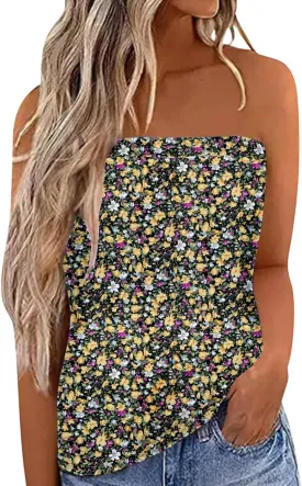 IWOLLENCE Women's Floral Tube Tops Casual Summer Backless Strapless Top Sleeveless Bandeau Tanks Shirt