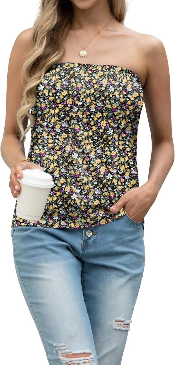 IWOLLENCE Women's Floral Tube Tops Casual Summer Backless Strapless Top Sleeveless Bandeau Tanks Shirt