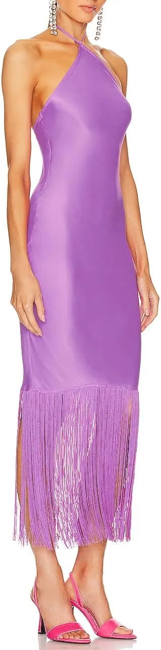 JLCNCUE Women Halter Neck Bodycon Midi Dress Fringe Hem Party Dress Sleeveless Open Back Tassels Evening Gown 262