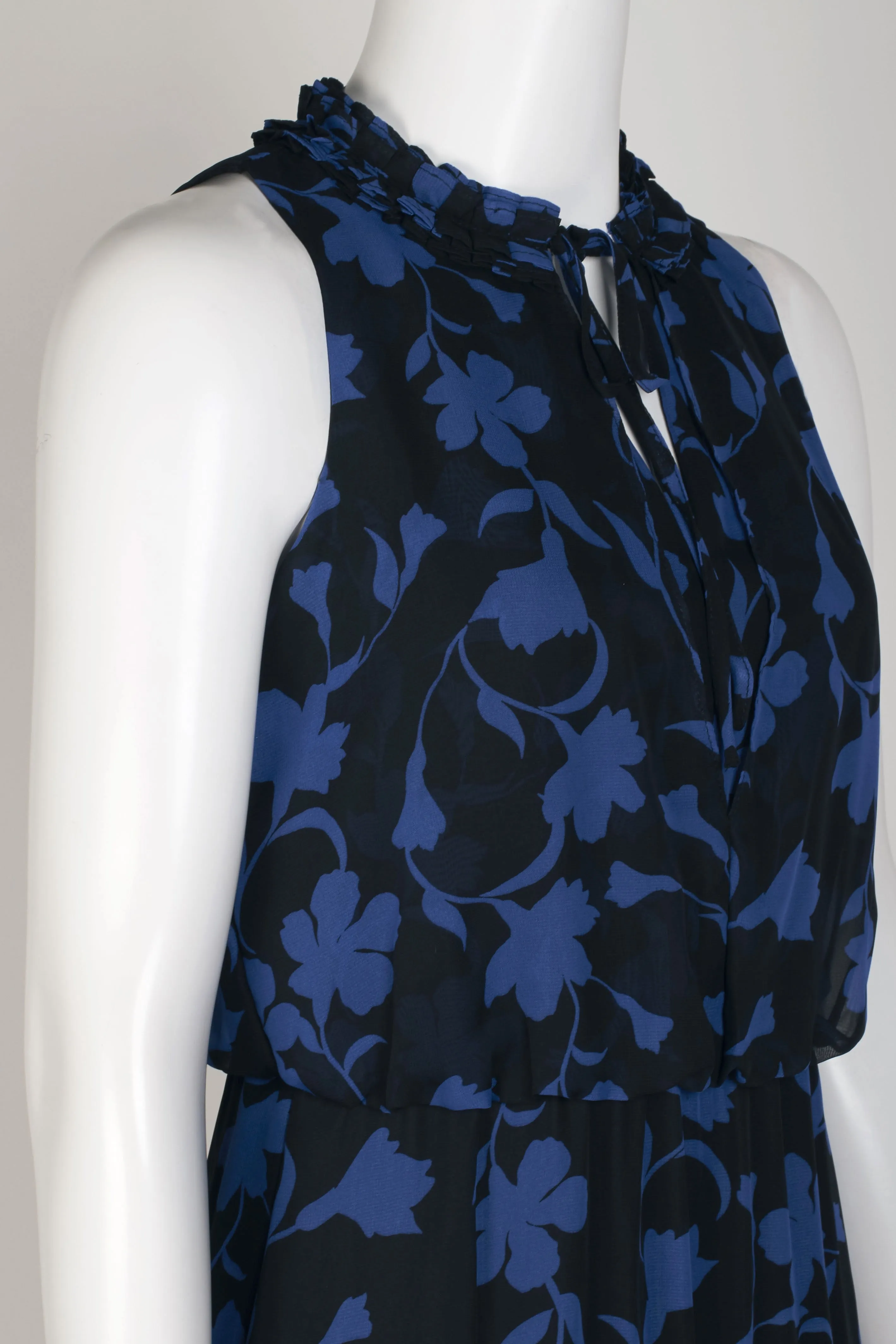 Laundry Tie Pleated Crew Neck Blouson Tiered Hem Zipper Back Floral Print Chiffon Dress