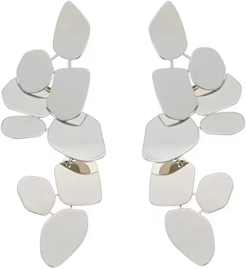Layered Dangling Geometric Disc Earrings Handmade Polished Irregular Round Rectangle Statement Drop Chandelier Earring for Women Girls Hypoallergenic Piercing Post Stud Lightweight Sparkle Jewelry Gifts