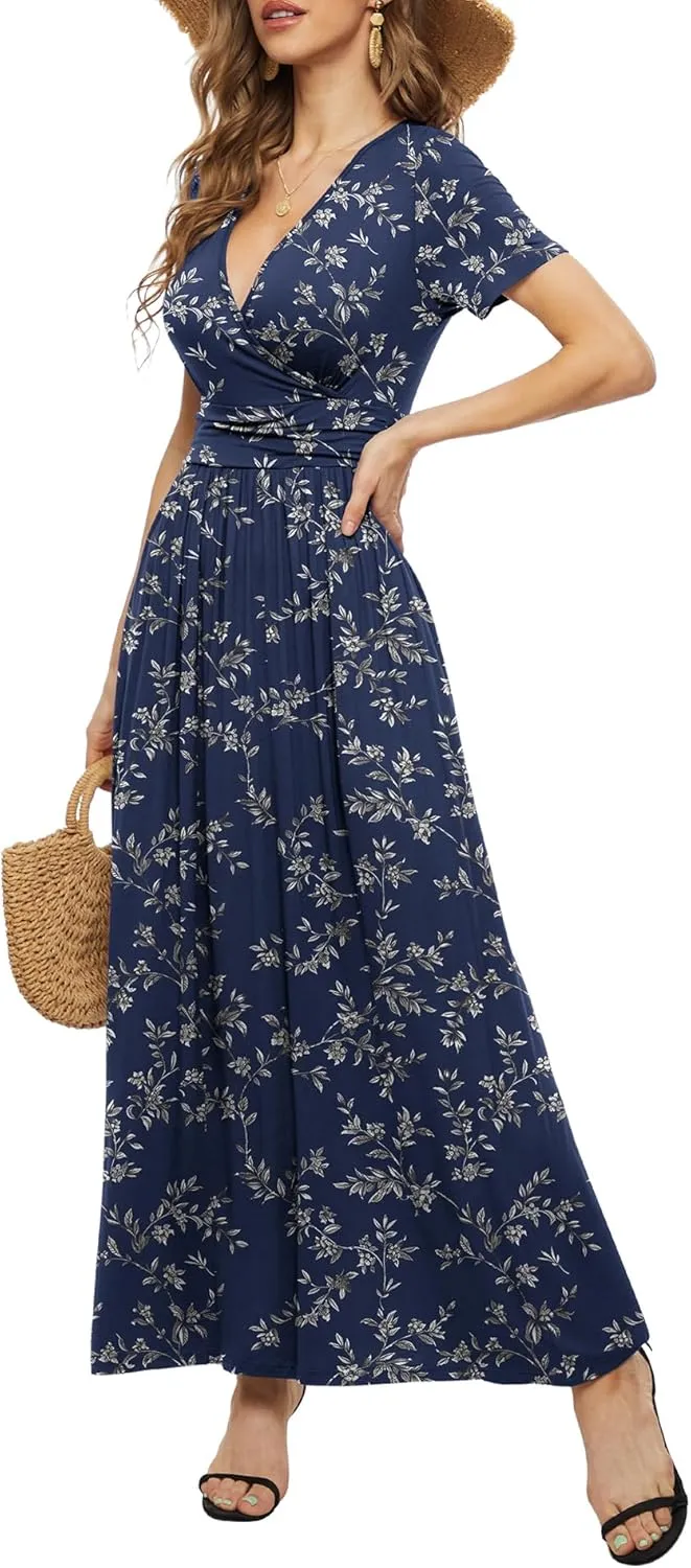 LILBETTER Women's Summer Short Sleeves Dress Wrap Waist Maxi Dresses with Pockets
