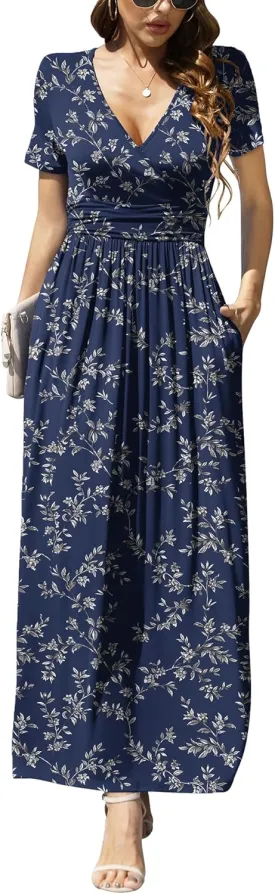 LILBETTER Women's Summer Short Sleeves Dress Wrap Waist Maxi Dresses with Pockets