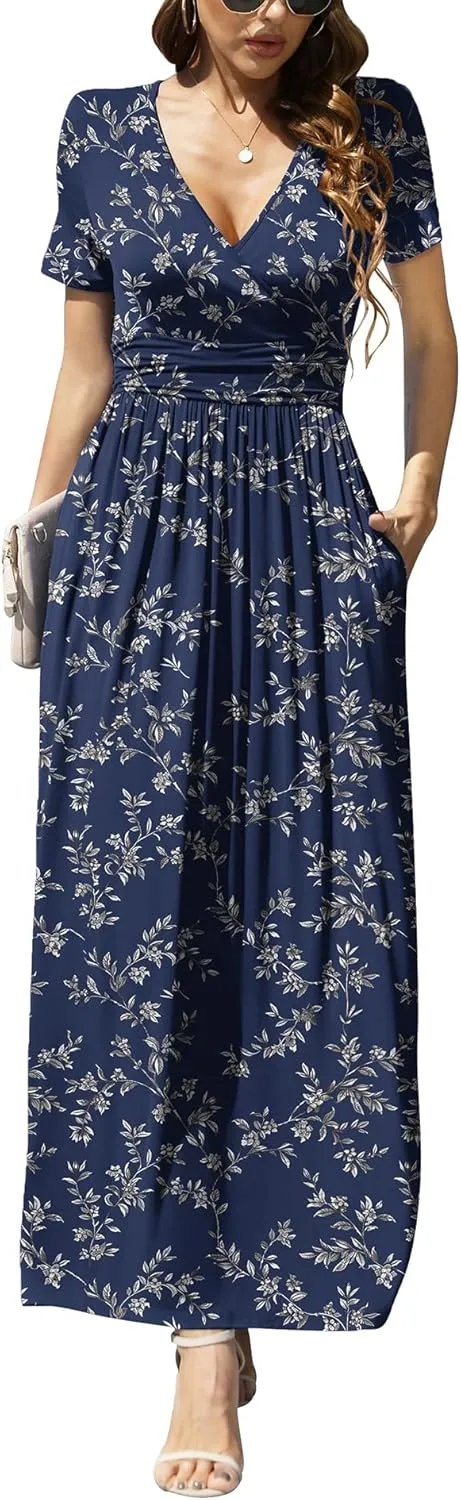 LILBETTER Women's Summer Short Sleeves Dress Wrap Waist Maxi Dresses with Pockets