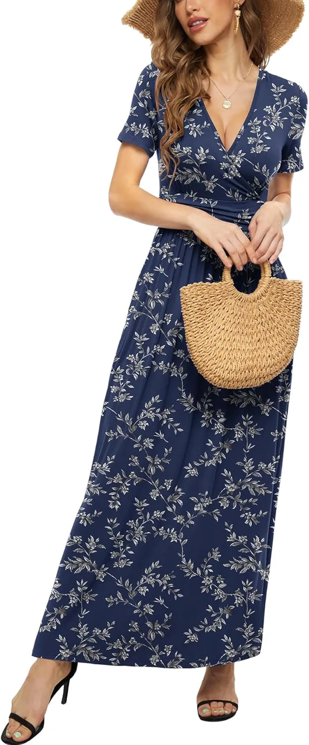 LILBETTER Women's Summer Short Sleeves Dress Wrap Waist Maxi Dresses with Pockets