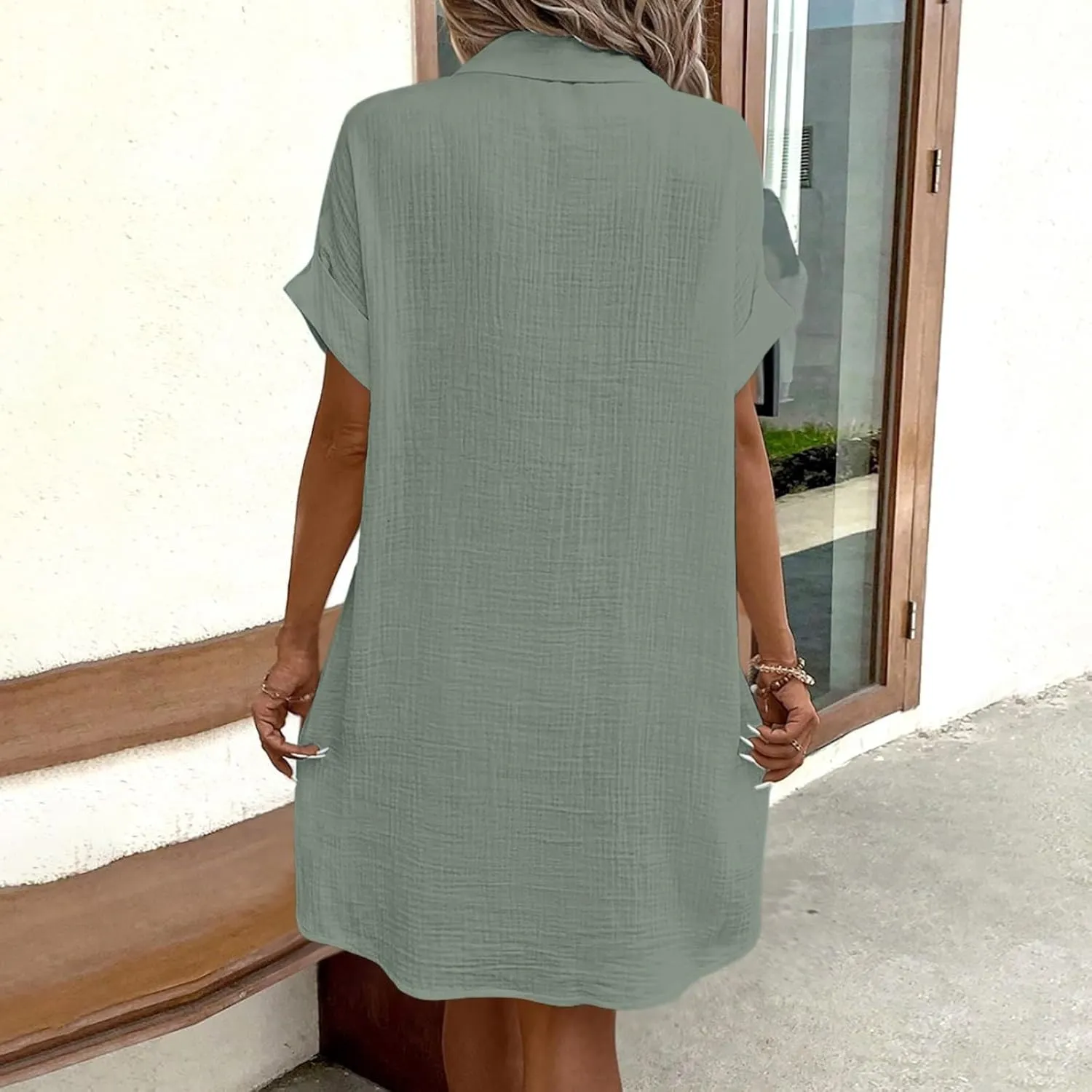 Linen Blend Dress Women Summer Beach Short Sleeve Knee Length Casual Dresses with Pockets Vintage Swimsuit Coverup Shirt