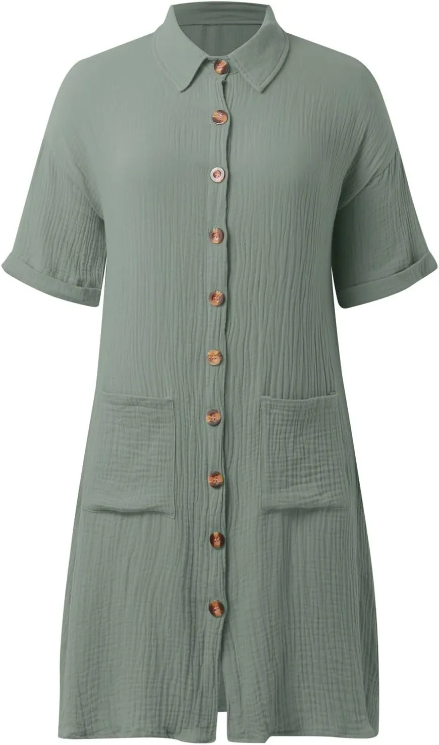 Linen Blend Dress Women Summer Beach Short Sleeve Knee Length Casual Dresses with Pockets Vintage Swimsuit Coverup Shirt