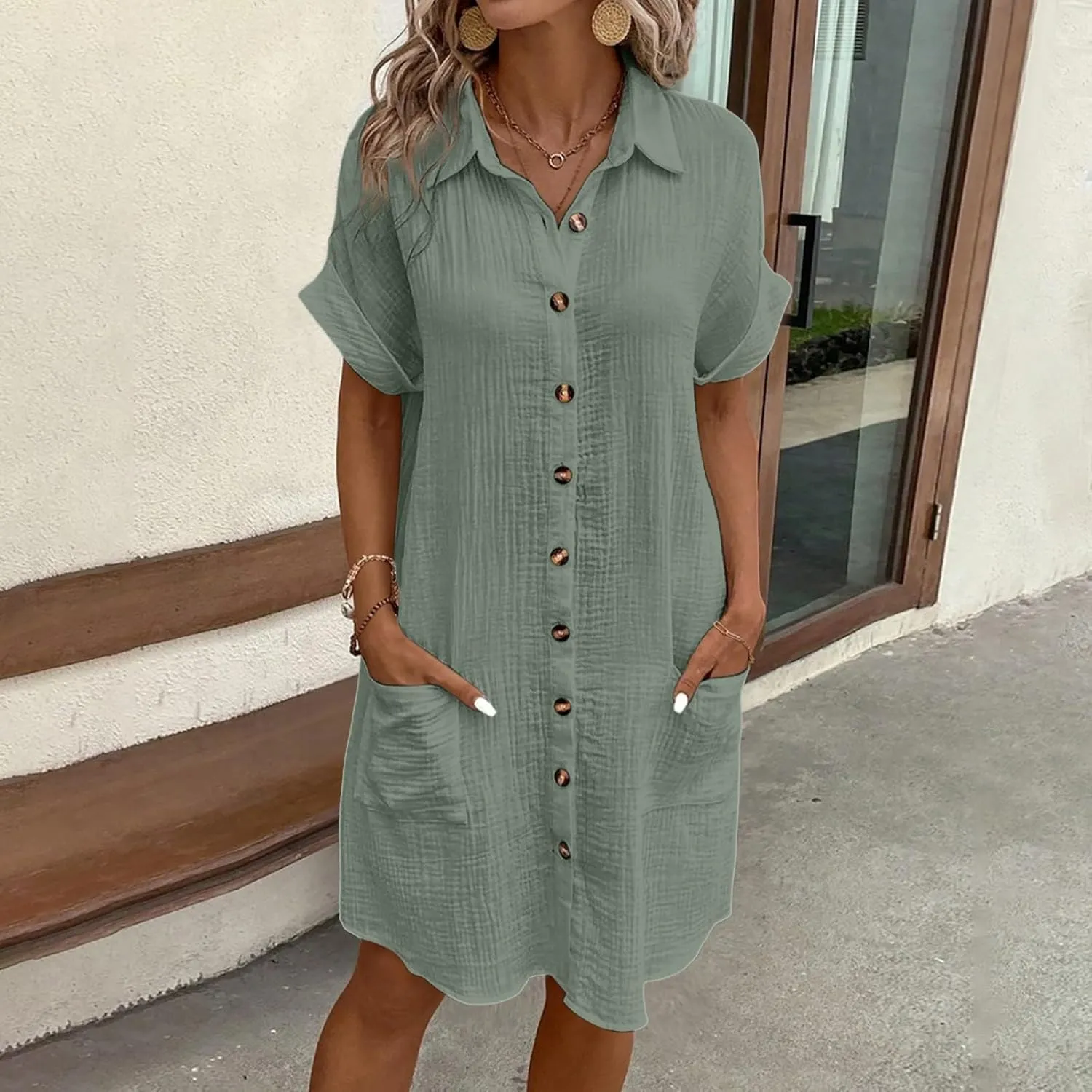 Linen Blend Dress Women Summer Beach Short Sleeve Knee Length Casual Dresses with Pockets Vintage Swimsuit Coverup Shirt