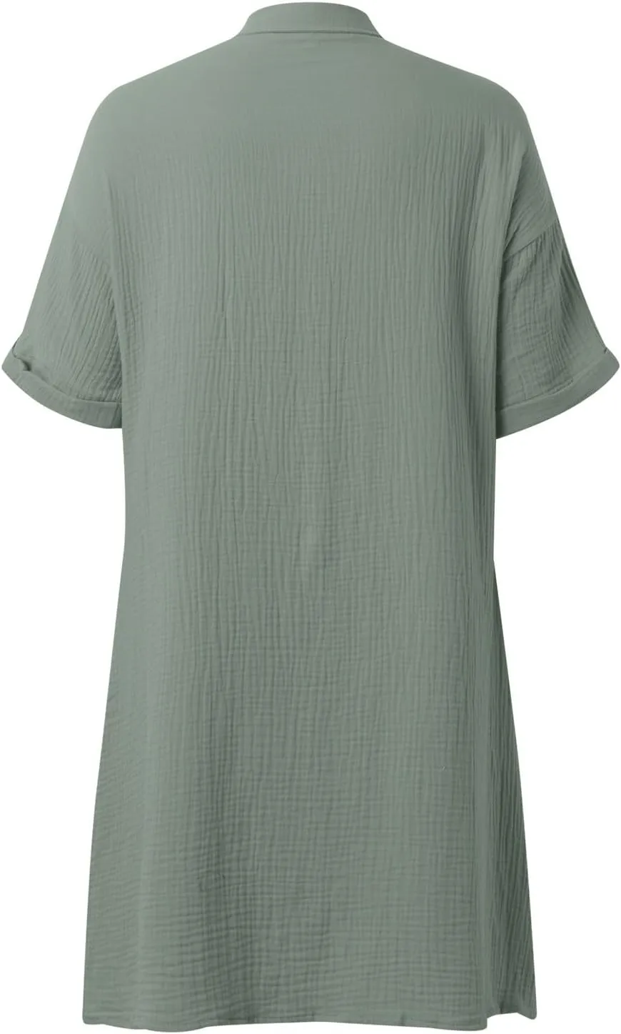 Linen Blend Dress Women Summer Beach Short Sleeve Knee Length Casual Dresses with Pockets Vintage Swimsuit Coverup Shirt