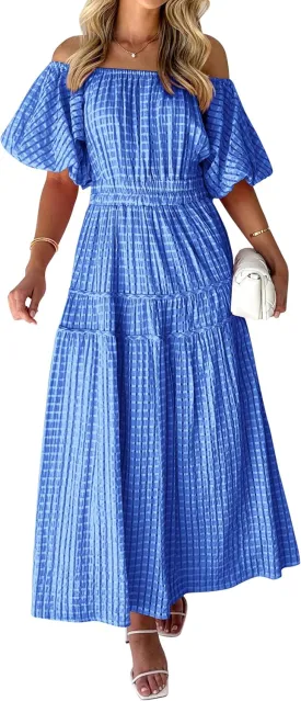 MASCOMODA Off The Shoulder Flowy Maxi Dress for Women 2024 Summer Casual Puff Short Sleeve Smocked Ruffle Beach Long Dresses