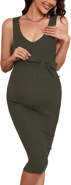 Maternity Dress Sleeveless Rib Knit V Neck Casual Summer Baby Shower Dresses Pregnancy Clothes with Belt