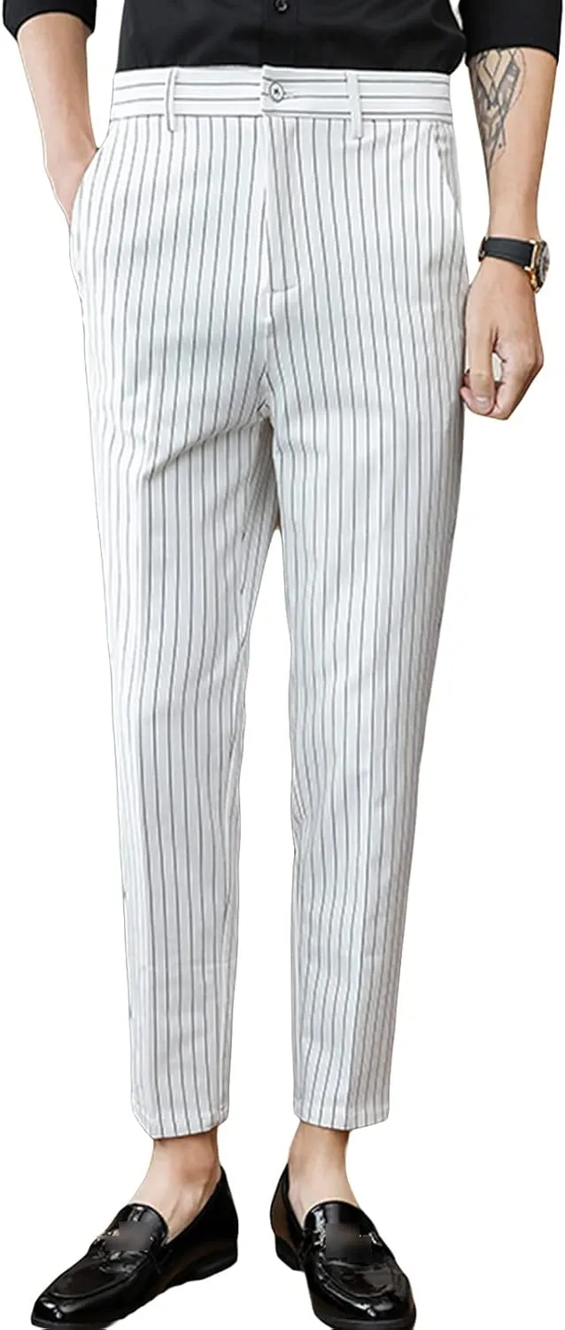 Men's Dress Striped Pants Slim Fit Flat Front Business Trousers Straight-Fit Formal Pants Trousers