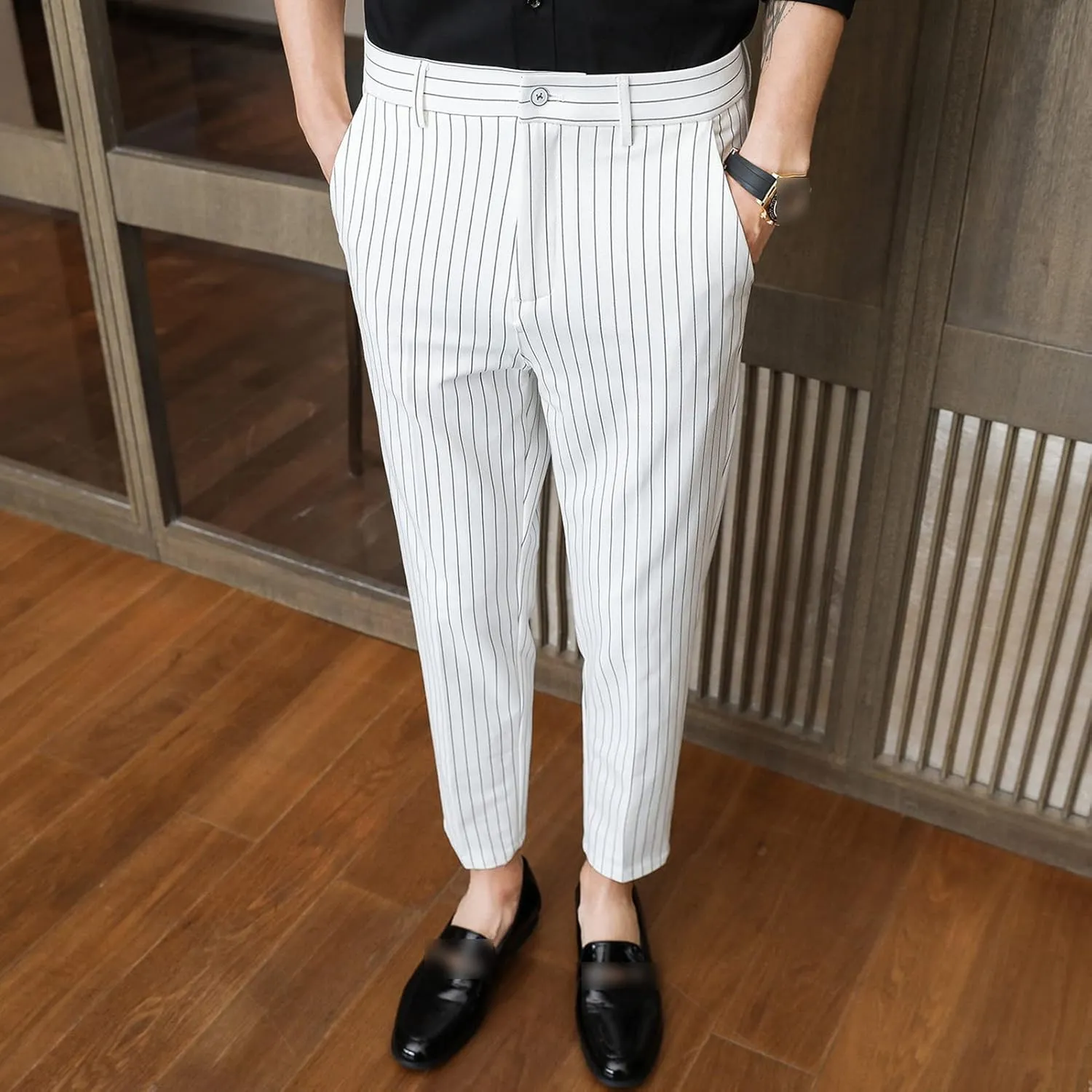 Men's Dress Striped Pants Slim Fit Flat Front Business Trousers Straight-Fit Formal Pants Trousers