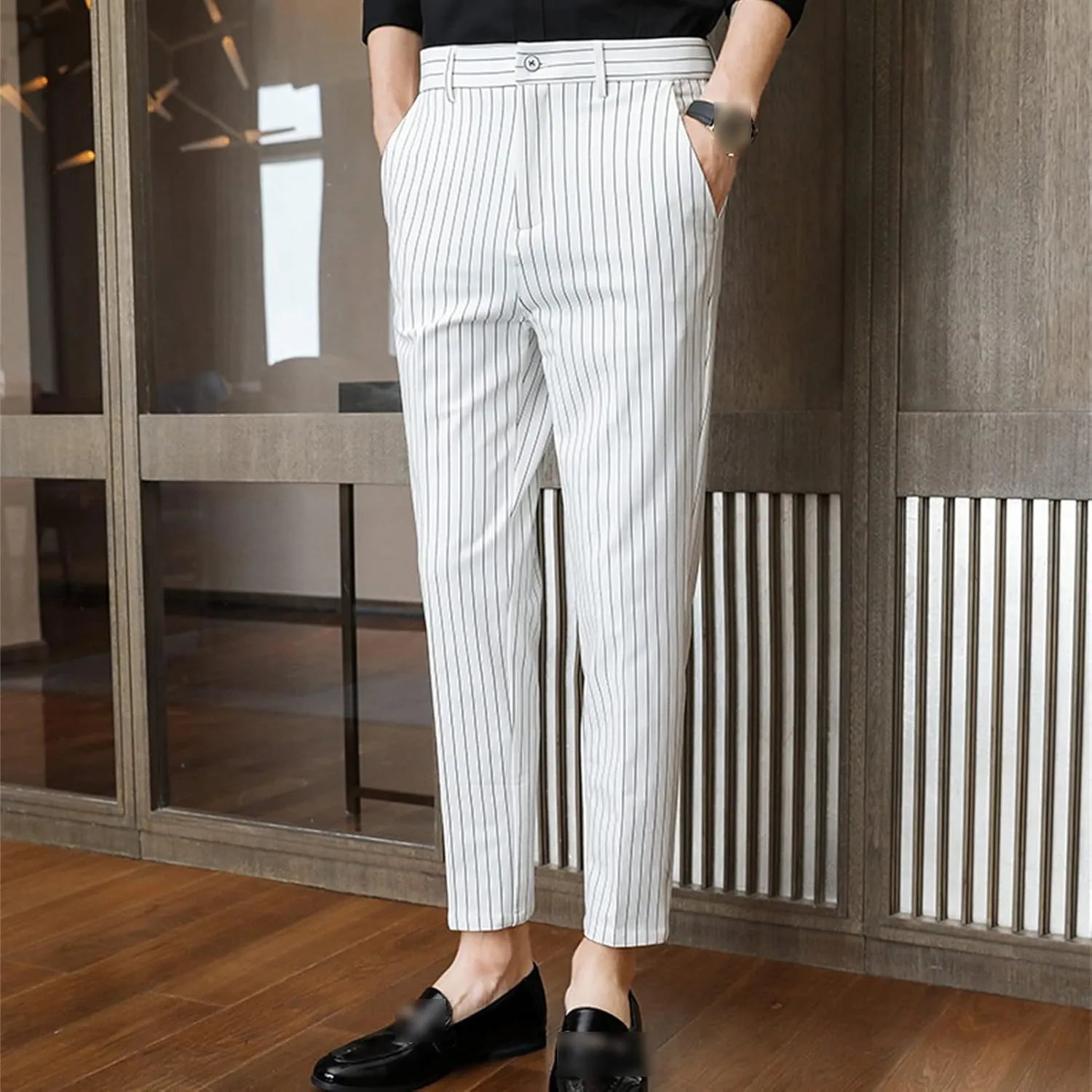 Men's Dress Striped Pants Slim Fit Flat Front Business Trousers Straight-Fit Formal Pants Trousers