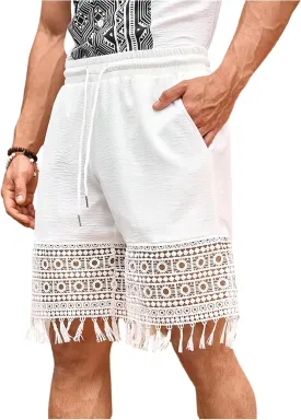 Men's Tassel Straight Leg Boho Shorts Fringe Drawstring Elastic Waist Casual Vacation Shorts