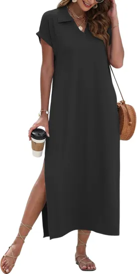 MISFAY Womens Summer Maxi Dresses 2025 Casual Short Sleeves V Neck Long Shirt Dress Loose Split Vacation Collared Sundresses