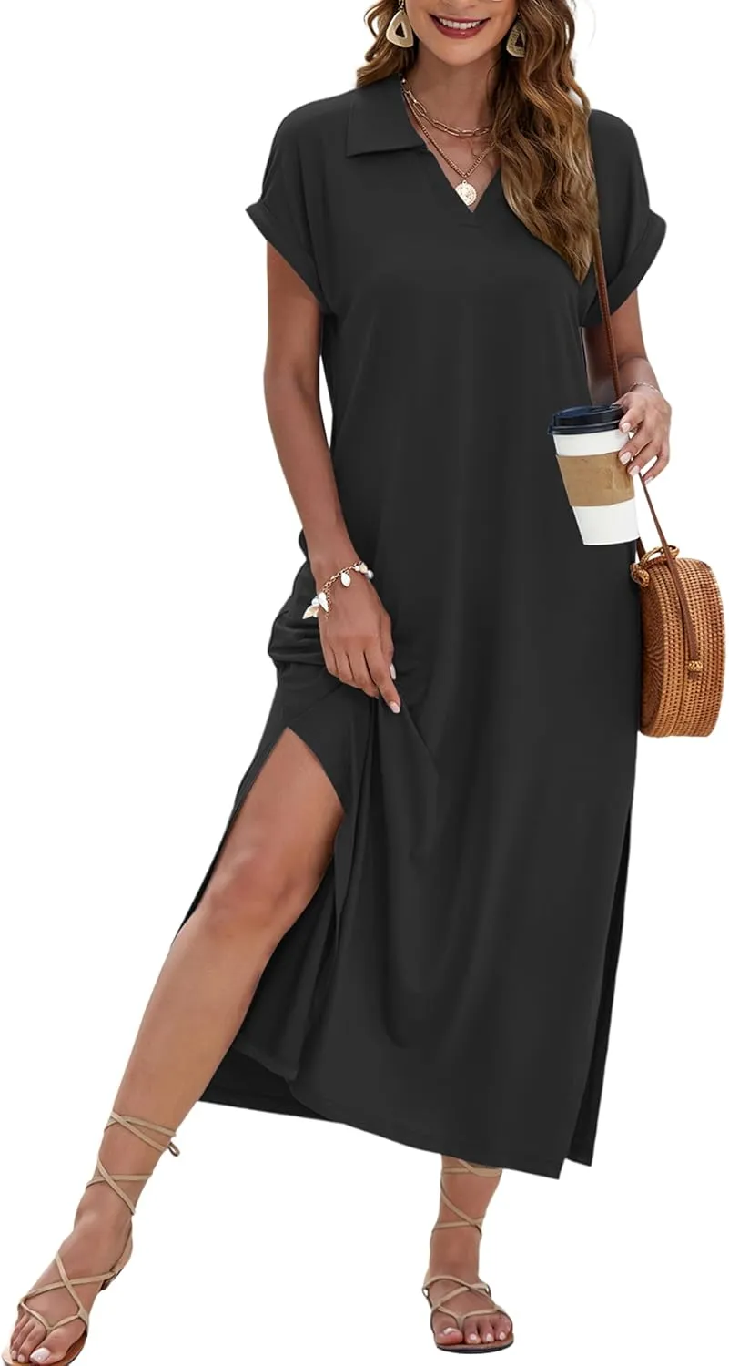 MISFAY Womens Summer Maxi Dresses 2025 Casual Short Sleeves V Neck Long Shirt Dress Loose Split Vacation Collared Sundresses