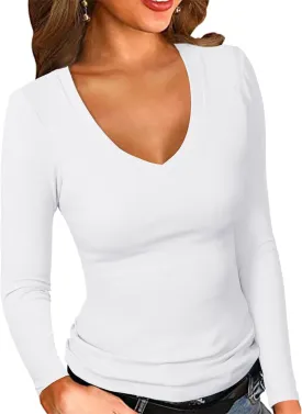 PALINDA Women's Ribbed V Neck Slim Fitted T Shirts Basic Solid Long Sleeve Layering Tee Tops